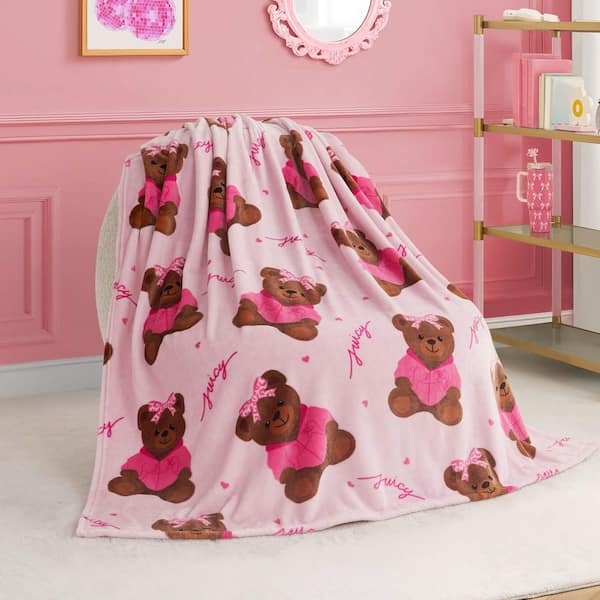 Juicy Couture Throw Blanket Soft Pink Bear Tracksuit Pattern Branded Glam