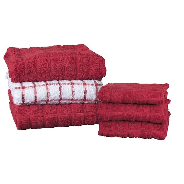Kitchen Towel Set, Paprika Red Plaid Pattern with Terry Cloth Texture.