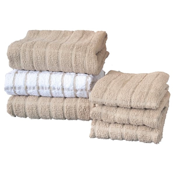 Kitchen Towel Set, Putty and White Plaid Pattern, Absorbent Terry Cloth.