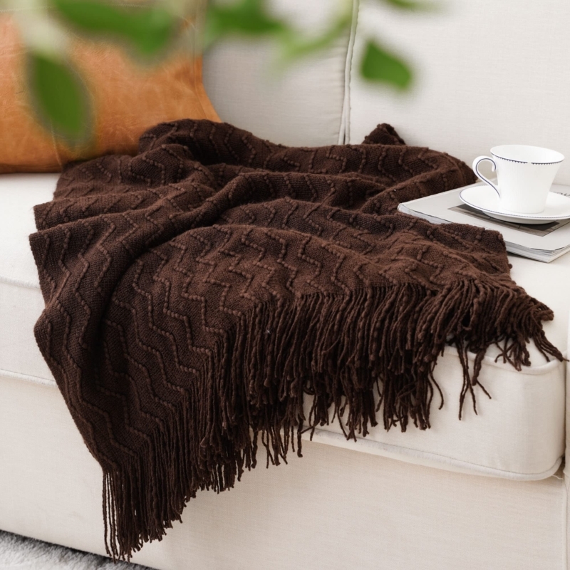 Knit Throw Blanket Dark Brown Oversized Tassels Boho Rustic