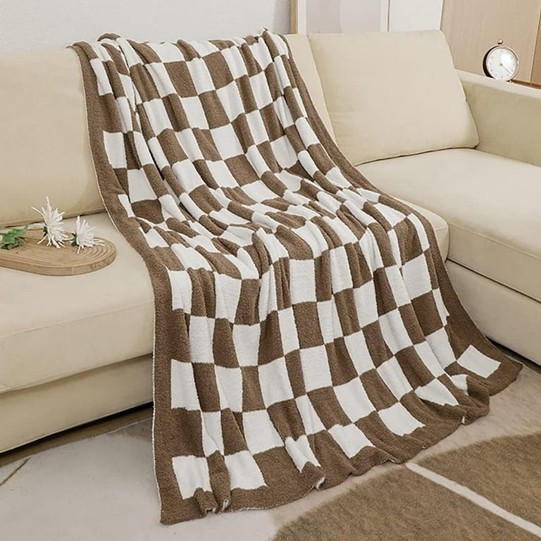 Knit Throw Blanket, Khaki and Cream Checkerboard, Soft Texture