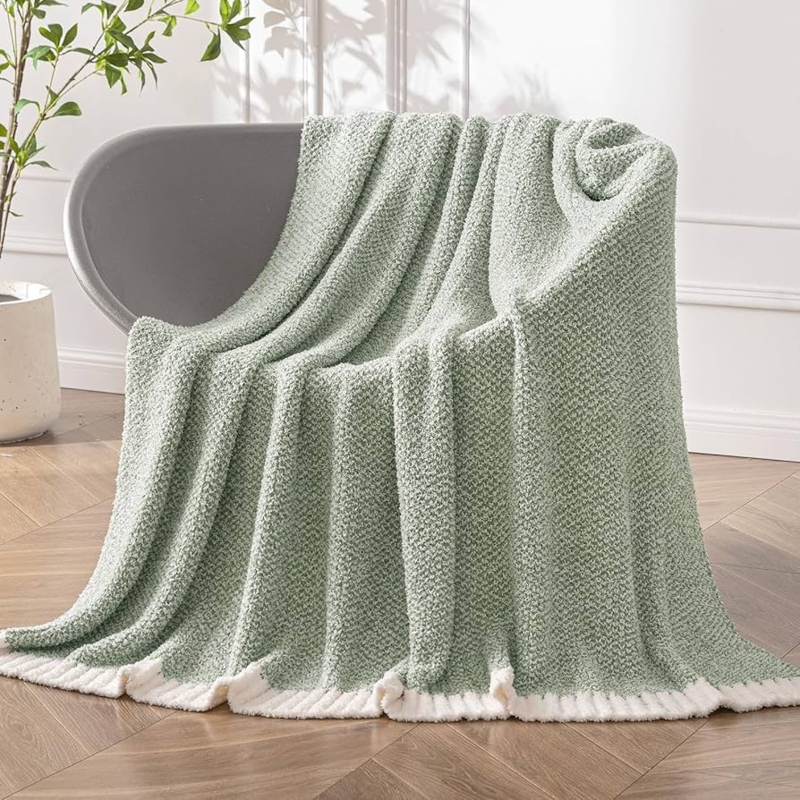 Knit Throw Blanket Sage Green Ribbed Texture Tasseled Fringe