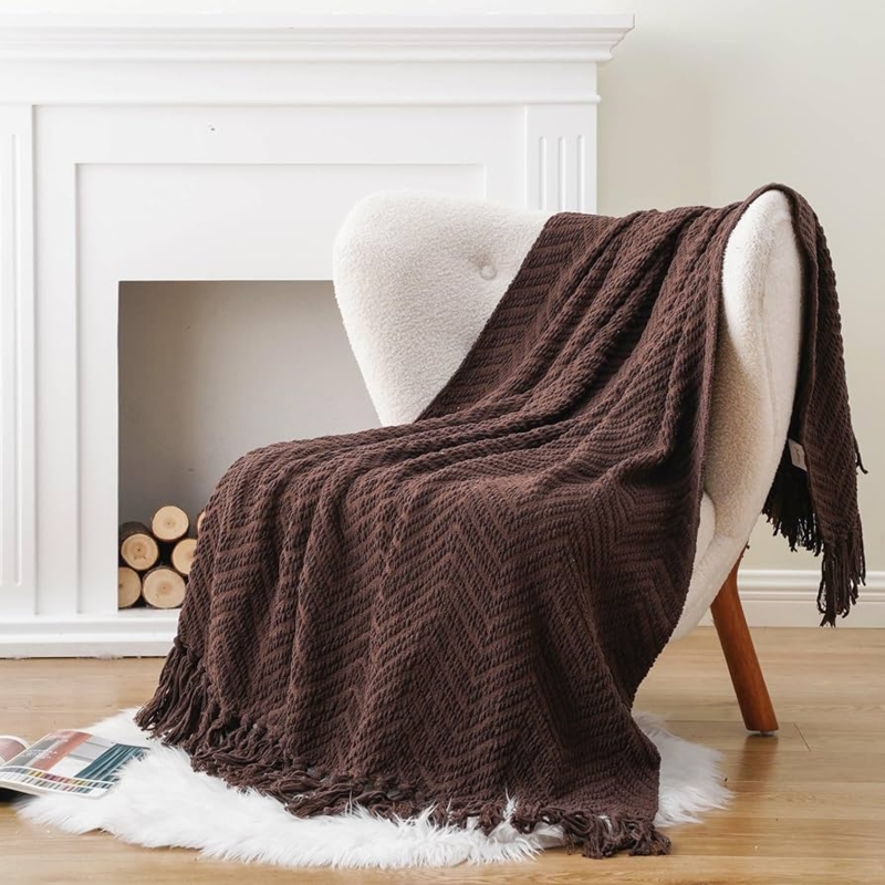 Knitted Throw Blanket Dark Brown Tasseled Fringe Chunky Farmhouse