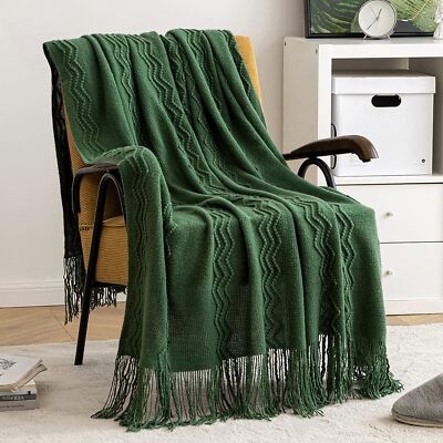 Knitted Throw Blanket Dark Green Geometric Chunky Tasseled Fringe