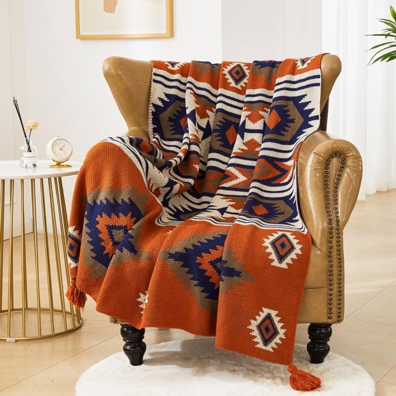 Knitted Throw Blanket in Rust and Turquoise with Corner Tassels