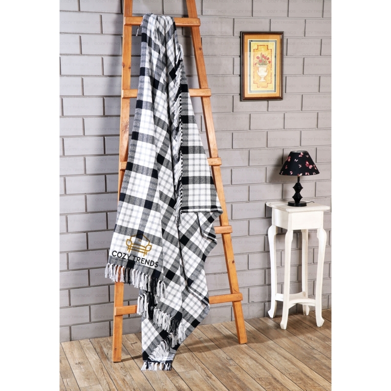 Knotted Fringe Windowpane Plaid Throw Blanket