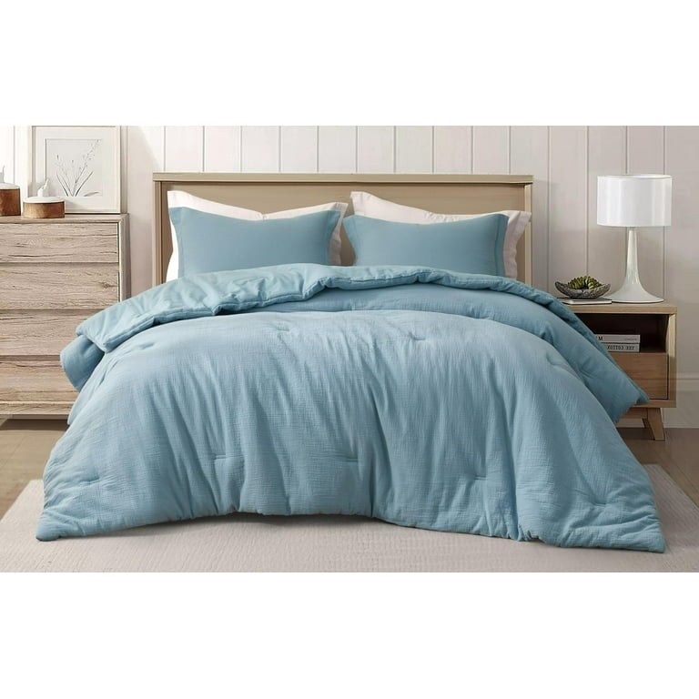 Lake Blue Muslin Comforter Set, Crinkled Pattern, Airy Coastal Bedroom