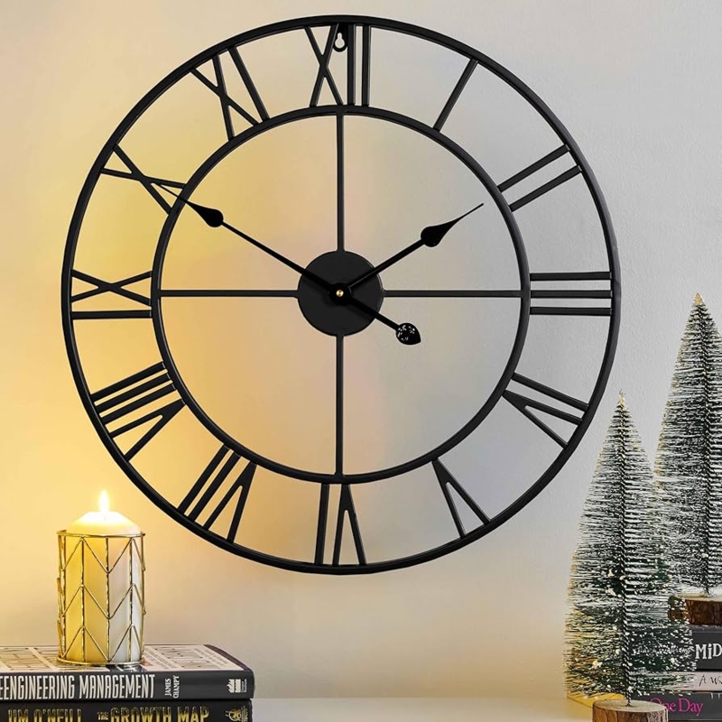 Large Black Metal Wall Clock Modern Farmhouse Roman Numerals
