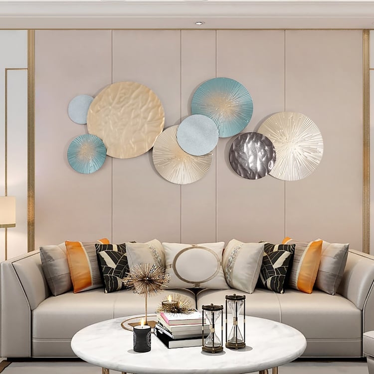 Large Circular Metal Wall Sculpture: Blue and Gold Overlapping Discs