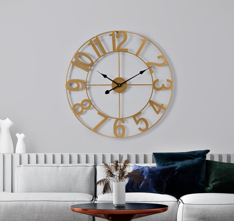 Large Gold Metal Wall Clock Modern Glam Roman Numeral Open Back