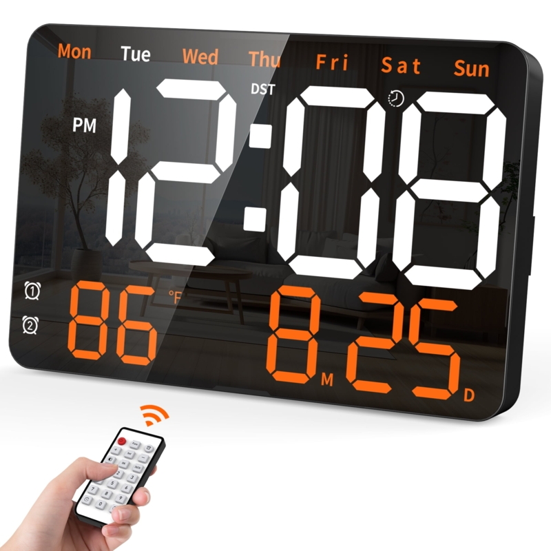 Large Green LED Digital Wall Clock with Temperature Display