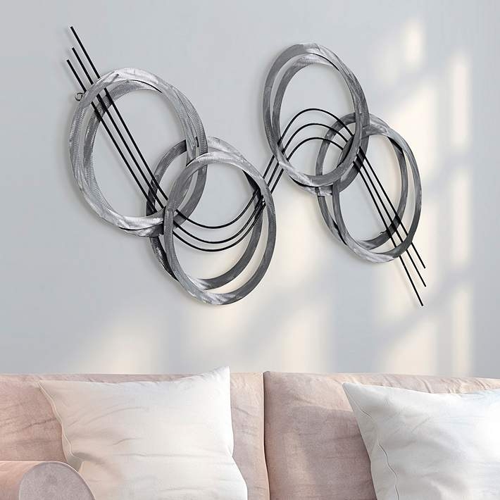 Large Metal Wall Art with Etched Wavy Lines and Shimmering Finish