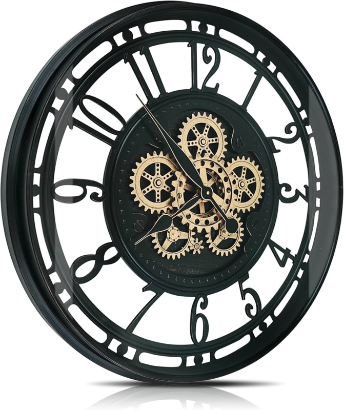 Large Metal Wall Clock Moving Gear Open Frame Black Gold Arabic Numerals