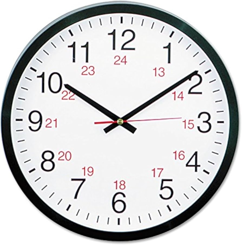Large Round 24 Hour Clock, Slender Hands, Matte Black Frame