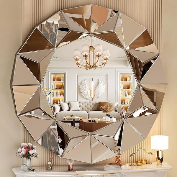 Large Round Mirror, Frameless Beveled Edge, Polished Finish