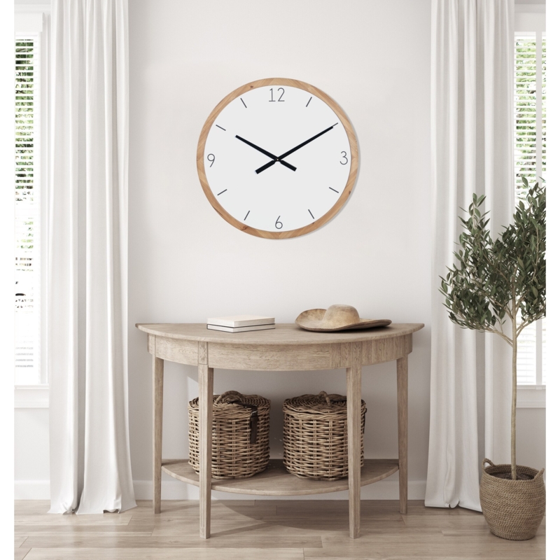 Large Round Wall Clock with Natural Wood Finish for Entryway