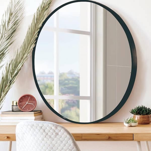 Large Round Wall Mirror, Slim Black Metal Frame, Wall Mounted
