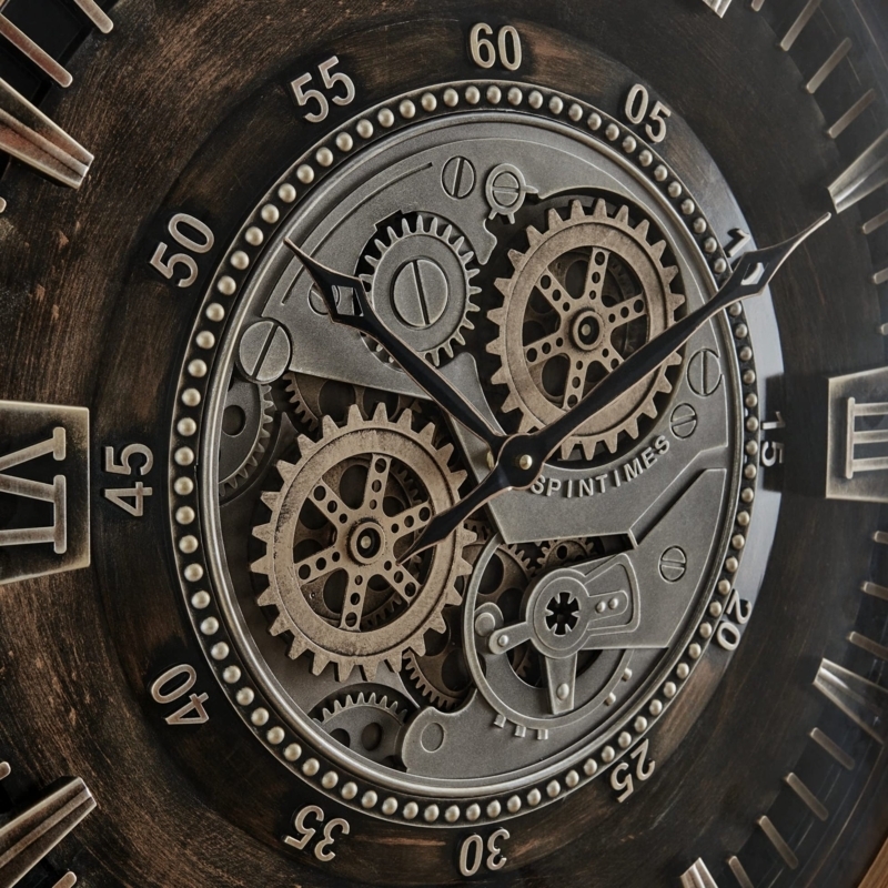 Large Rustic Roman Numeral Wall Clock Charcoal Frame Silver Gears