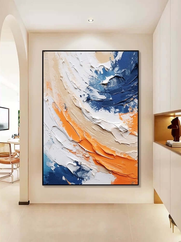 Large Square Abstract Wall Art Textured Canvas Blue Orange Accents