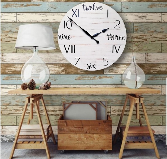 Large Wall Clock with Planked Wood Face and Bold Roman Numerals