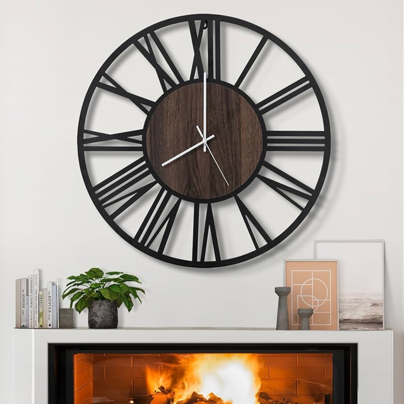 Large Wall Clock Wood Grain Dial Matte Black Roman Numerals Rustic