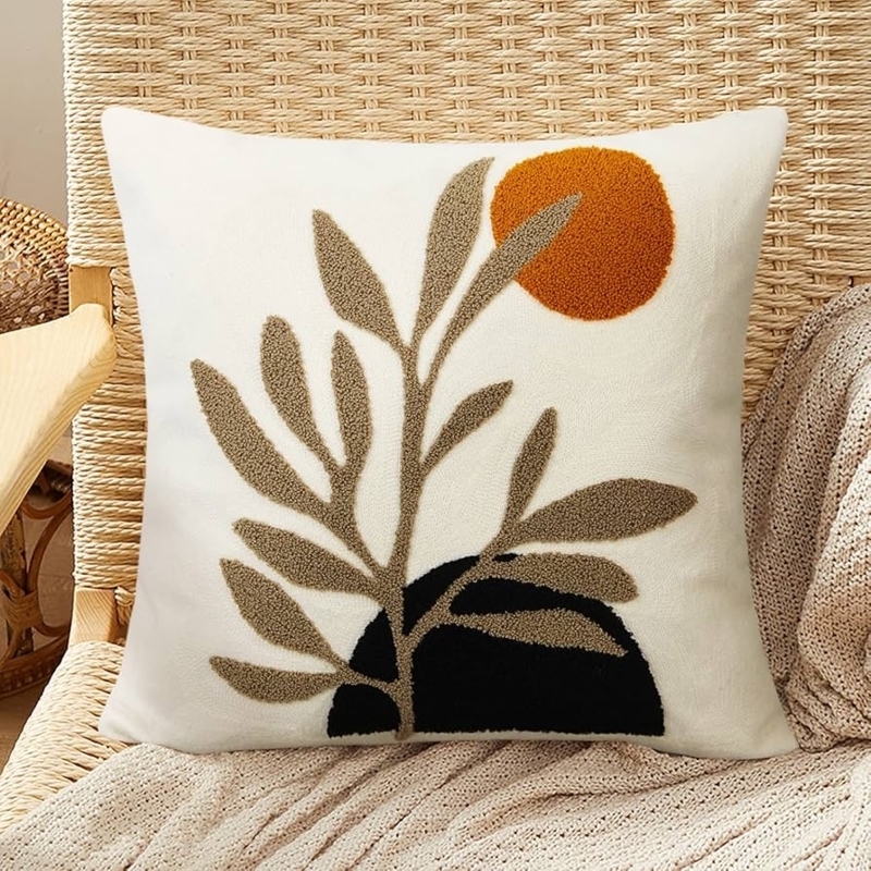 Leaf Green Tufted Throw Pillow with Boho Fringed Edges and Texture