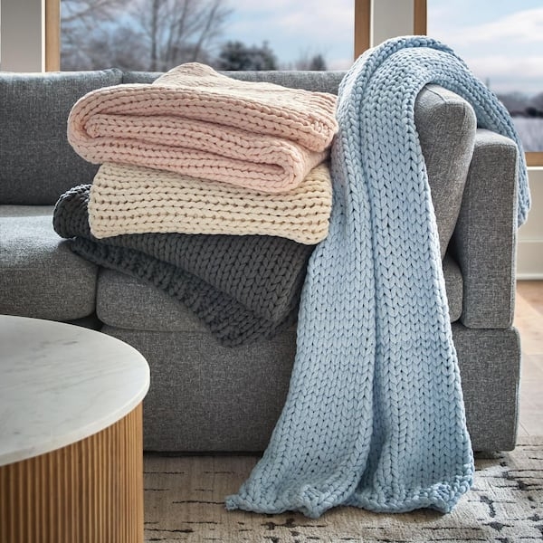 Light Blue Chunky Knit Throw, Oversized Braided Throw
