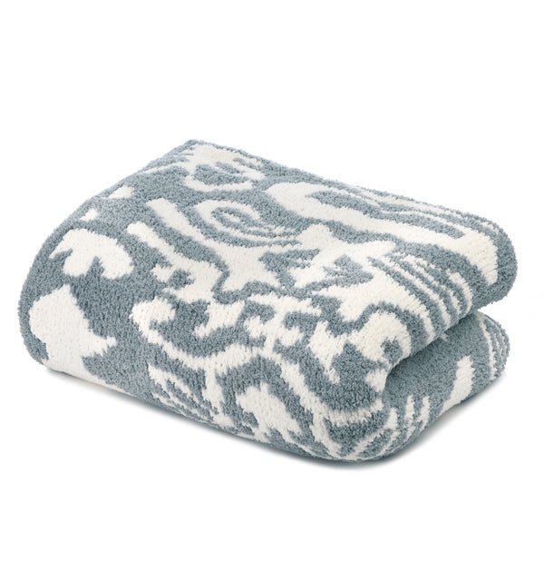 Light Blue Cream Damask Throw Blanket, Plush Knit, Traditional Blanket