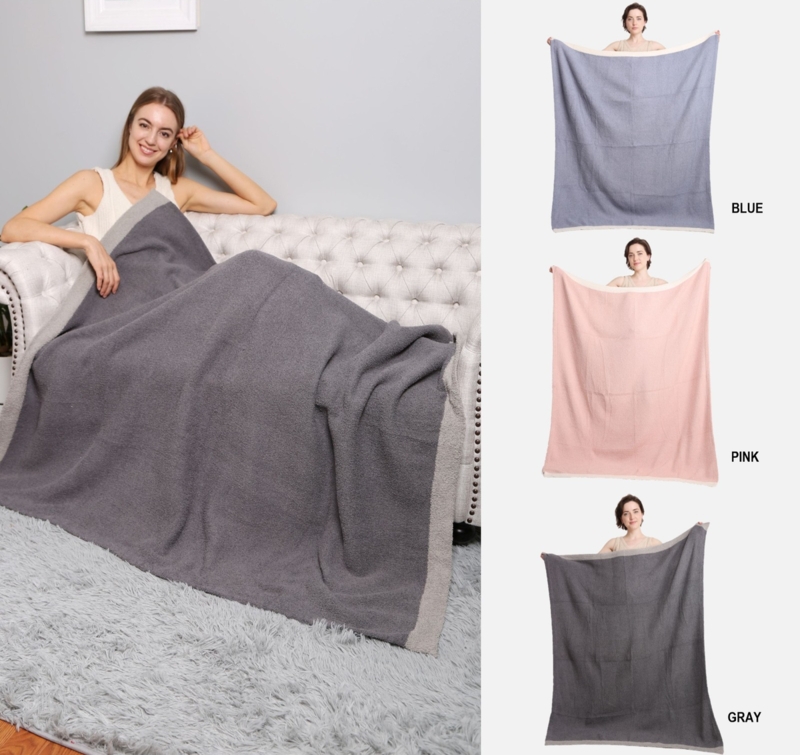 Light Blue Throw Blanket Plush Fabric Navy Whipstitch Edge