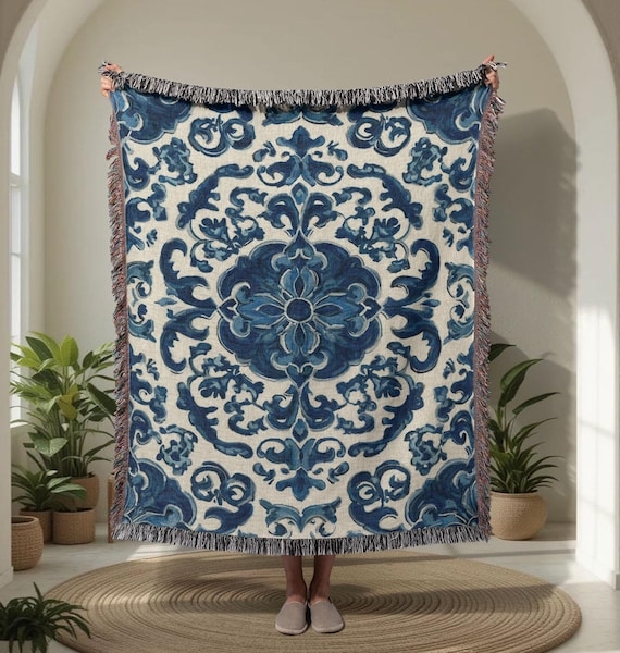 Light Blue Woven Damask Throw Blanket, Coastal Style, Mediterranean Textile
