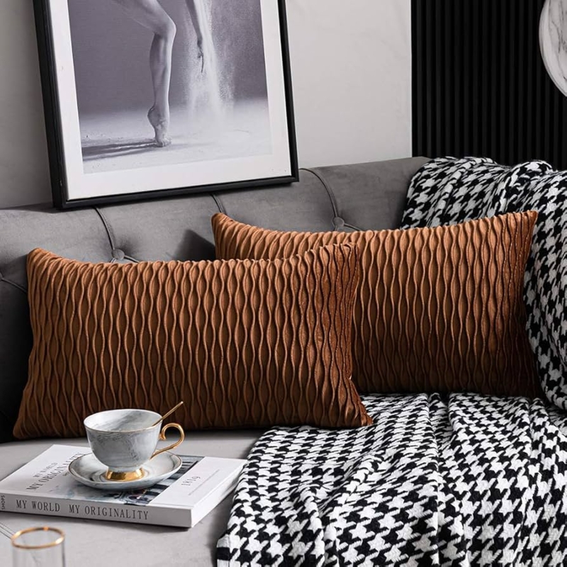 Light Brown Ribbed Velvet Lumbar Pillow Covers Set