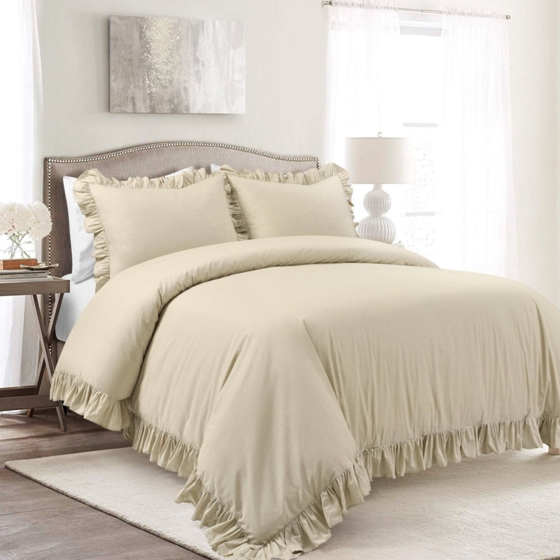 Light Gray Ruffled Duvet Cover Set, Ruched Center, for Shabby Chic Bedding