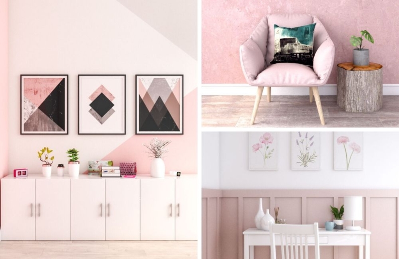 Light Wood Platform Bed Pink Wall Molding Gold Round Mirror