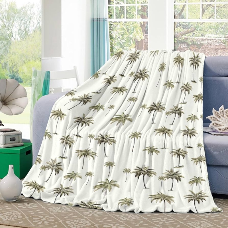 Lightweight Throw Blanket with Green Palm Leaf Pattern