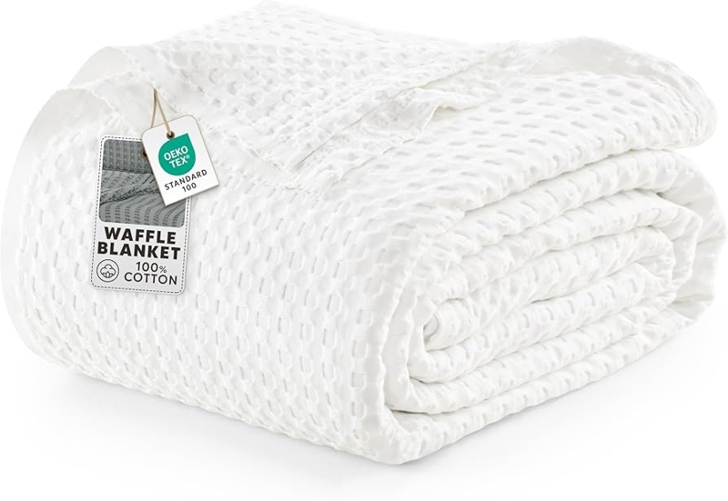 Lightweight White Waffle Weave Bed Blanket, Breathable Cotton