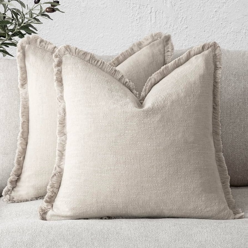Linen Like Throw Pillows Frayed Fringe Boho Farmhouse Living Room