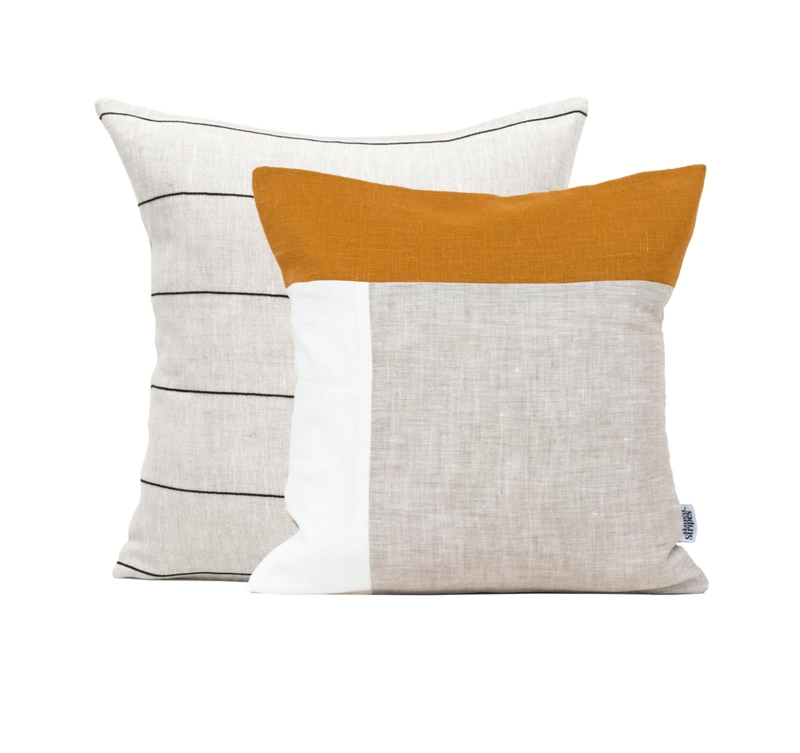 Linen Pillow Set with Minimalist Grid Pattern and Solid Beige Covers