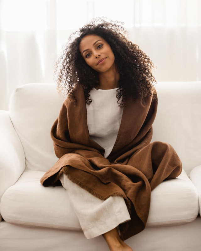Linen Throw Blanket Chocolate Brown Heavyweight Chunky Weave Fringed