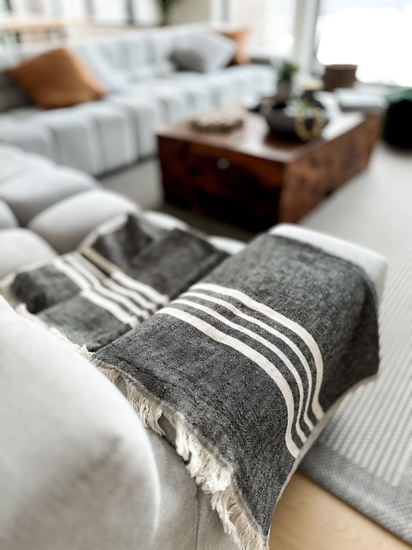 Linen Throw Blanket Thin Stripes Fringed Edges, Striped Linen Throw