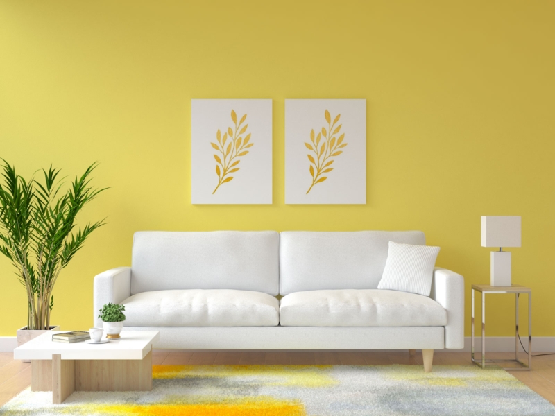 Living Room Scandinavian Minimalist Light Wood Pale Yellow Walls