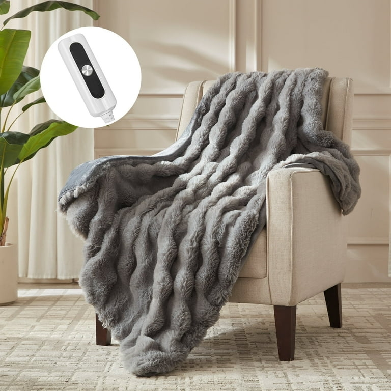 London Grey Throw Blanket, Thick Faux Fur, Shaggy Pile Texture.