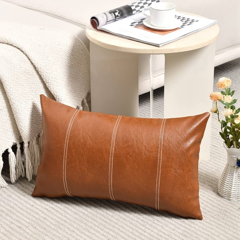Long Lumbar: Faux Leather, Vertical Seams, Hand-Stitched, Earthy Decor