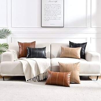 Long Lumbar Pillow: Tan Faux Leather, Whipstitch Edge, Farmhouse Style