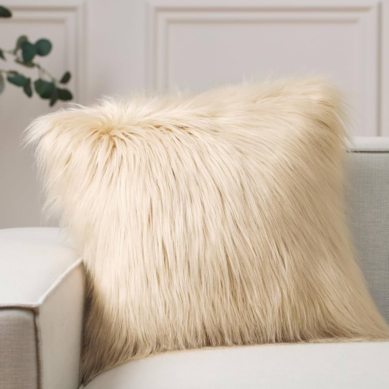 Long Pile Faux Fur Throw Pillow, Light Beige Shaggy Finish