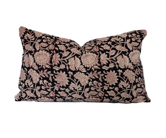 Lumbar Pillow Block Print Pattern Floral Motifs Matte Modern Traditional Decor
