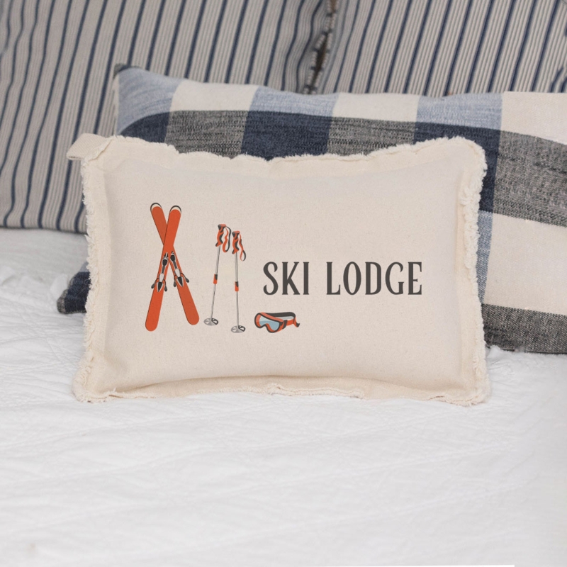 Lumbar Pillow, Bold Typography, Charcoal Gray, Contrast Piping, Cabin Decor