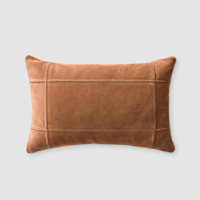 Lumbar Pillow: Caramel Suede, Vertical Seam. Minimalist Sofa Accent Cushion.