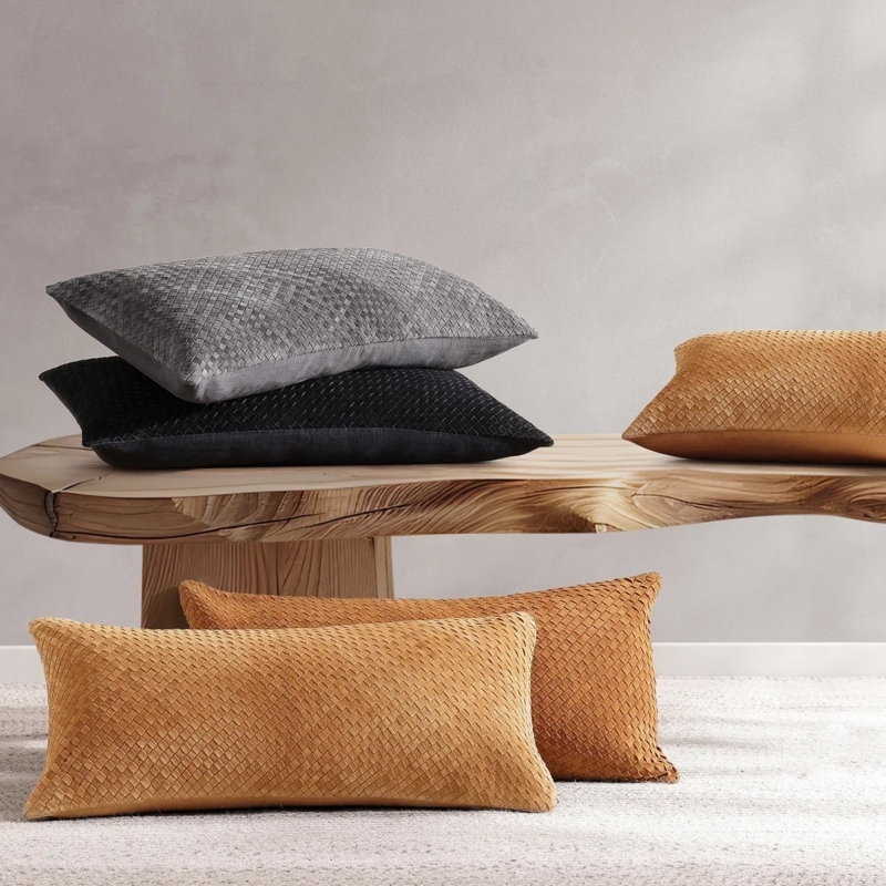Lumbar Pillow: Cognac Leather Accent Pillow with Woven Suede Texture.