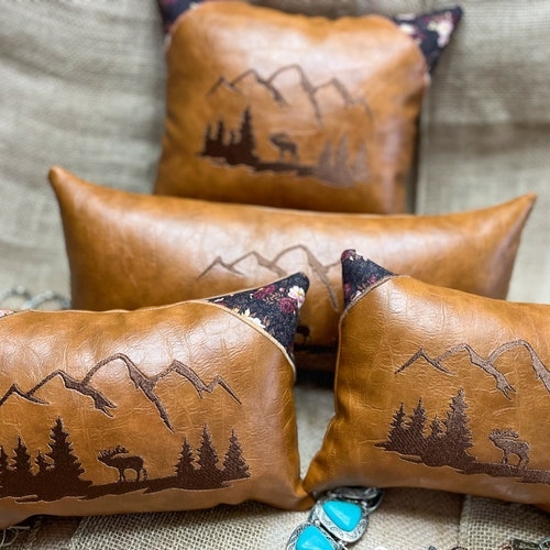 Lumbar Pillow, Cognac Leather Like Accent, Mixed Material Split, Rustic Cabin