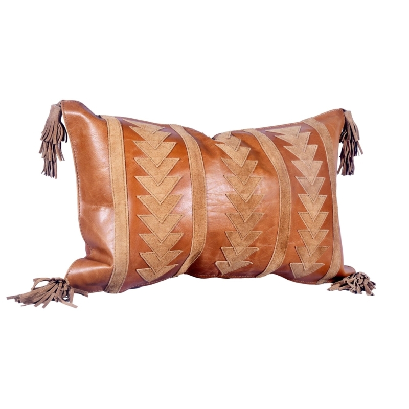 Lumbar Pillow: Cognac Leather with Arrow Motif and Corner Tassels.